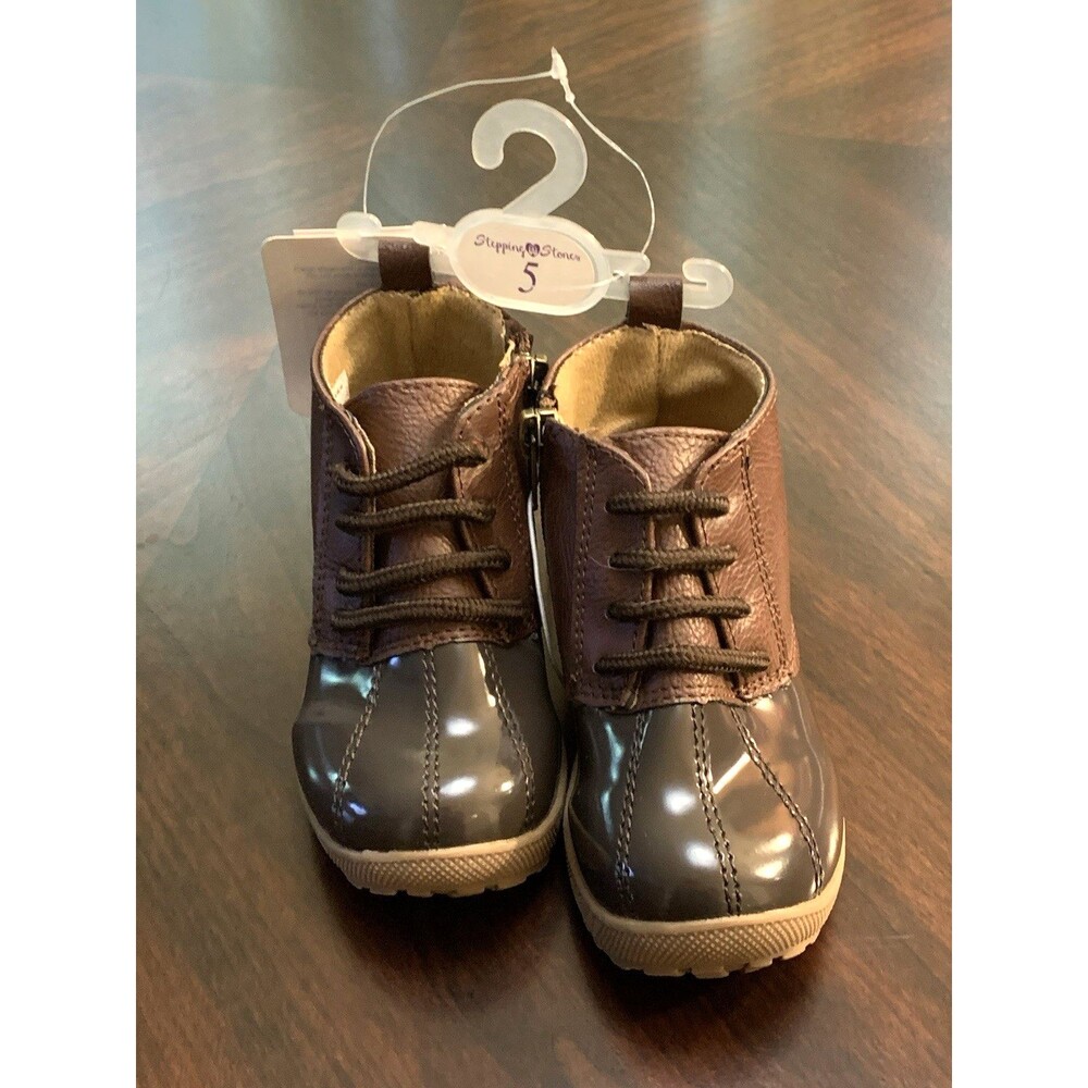 Stepping Stones Brown Toddler Duck Boots Baby Shoes Size 5 Lace Up Side Zipper
